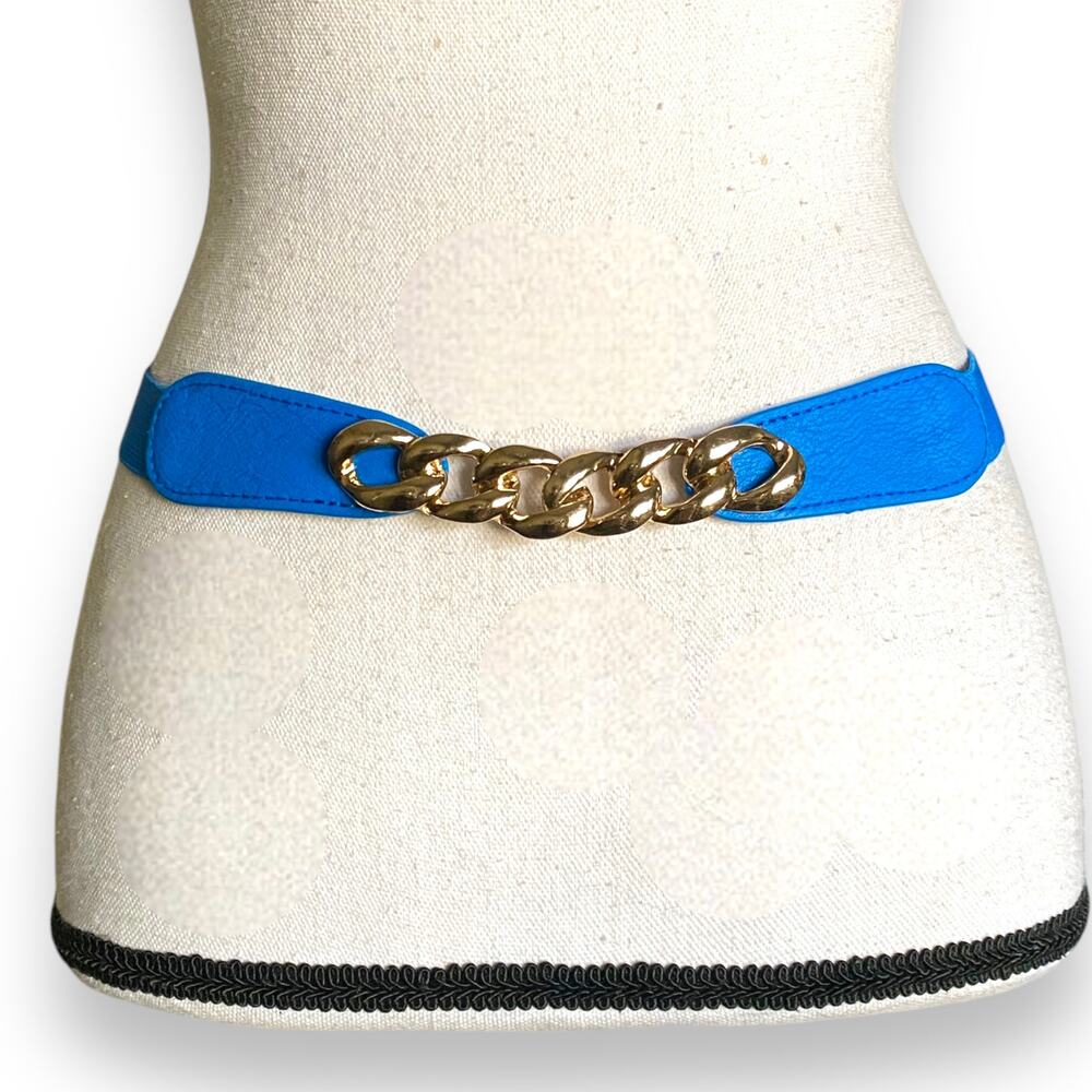 Vntg Gold Chain Buckle Cinch Waist Belt Cobalt Blue Elastic Stretch Narrow Y2k